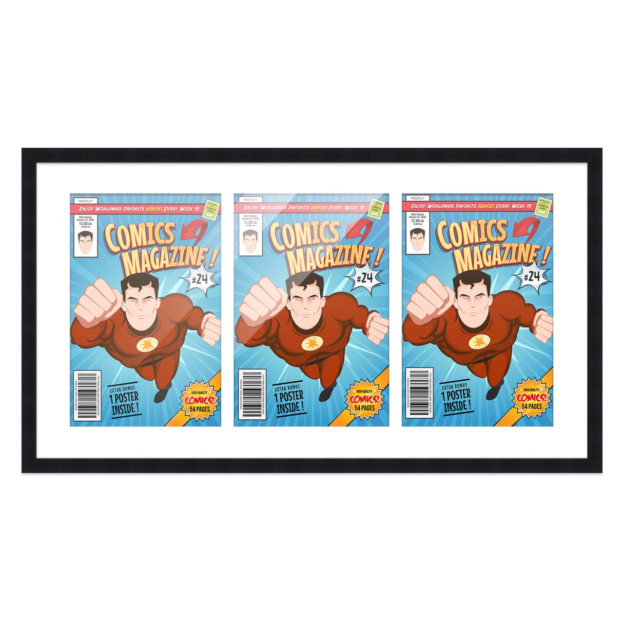 Comic Book Display Frame for Current Era Comic Published After 1985 - Black Wood Comic Frame With White Mat for 6.875x10.5 Comic, 18 Frame Sizes
